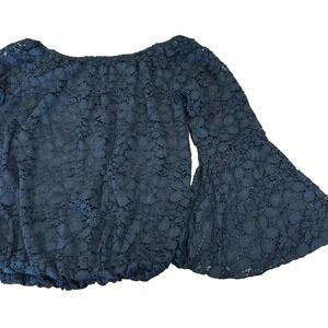 Trovane black floral lace cropped blouse bell slv womens' sz medium whimsigoth